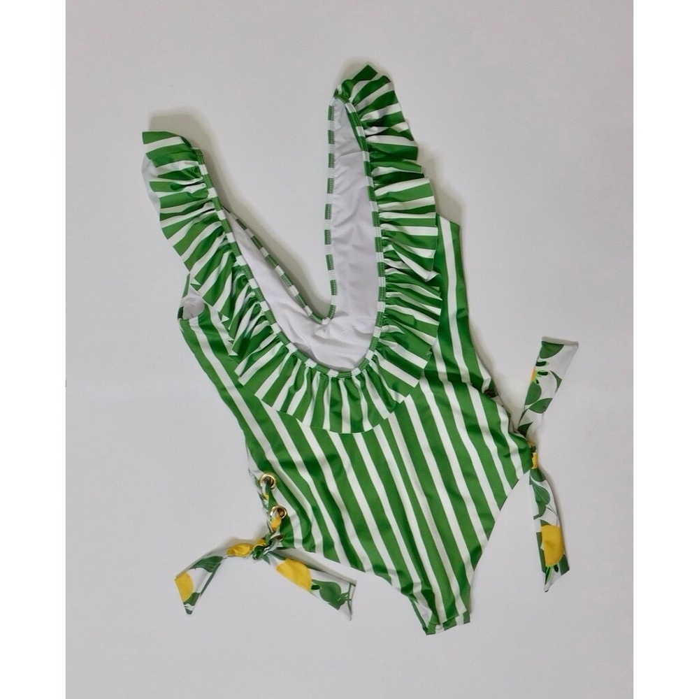 Anthropologie Green and White Striped Ruffle One-Piece Swim - Picture 8 of 13